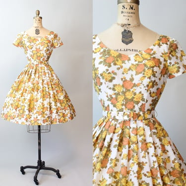 1950s YELLOW ROSE cotton print full skirt dress xs | new spring 