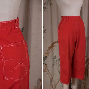 1950s Pants - Cherry Red Sailcloth 50s Clamdiggers with White Topstitch 