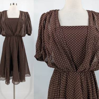 Vintage 70s Brown Swiss Dot XXS Coco of California Sheer Top Half Sleeve Sun Dress 