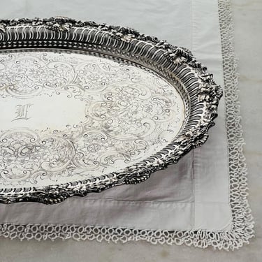 Rare Huge Antique Ellis Barker Menorah Hallmark Serving Tray Silver Plate with Embossed Grape Floral Reticulated Rim Etched Base Monogrammed 