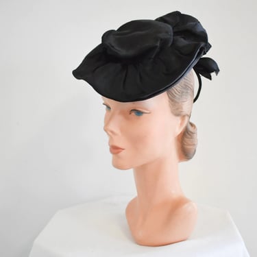 1940s Black Satin Ruffled Tilt Hat 