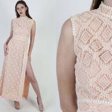 Vintage 60s Mandarin Lace Dress Mod Ivory Wedding Wiggle High Slit Nude Maxi Dress 