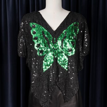 Classic 1970s Silk Sequin Butterfly Top with Green on Black 