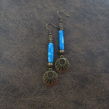 Blue bone and bronze statement dangle earrings 
