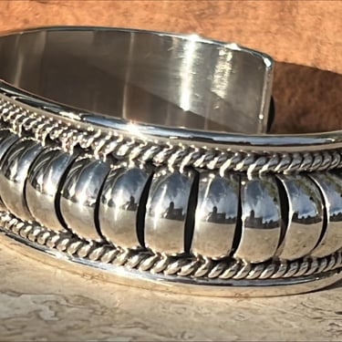 Tom Charley ~ Vintage Navajo Sterling Silver Cuff Bracelet with Raised Bowed Center - 39 Grams 