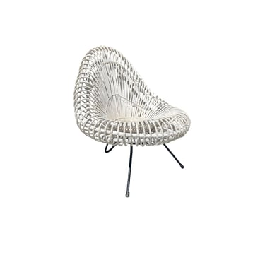 mid century modern Rattan Janine Abraham & Dirk Jan Rol White Lounge Chair France Wrought Iron Rougier, 1950s 