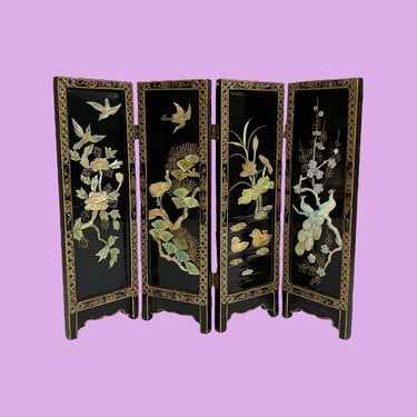 Vintage Tabletop Asian Folding Screen 1970s Retro Mini Size 19x14 Black Wood + Lacquer + 4 Panels + Decorative Flowers + Birds + Home Decor 