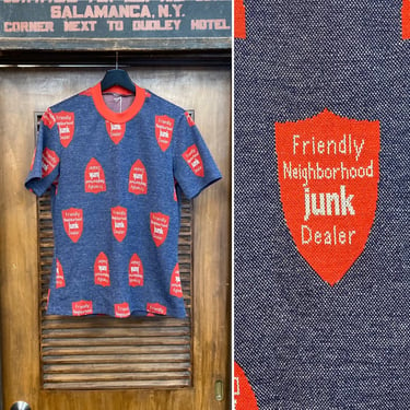 Vintage 1970’s Pop Art “Junk Dealer” Funny AOP All Over Print Knit T-Shirt, Custom, 70’s Tee Shirt, Vintage Clothing. 