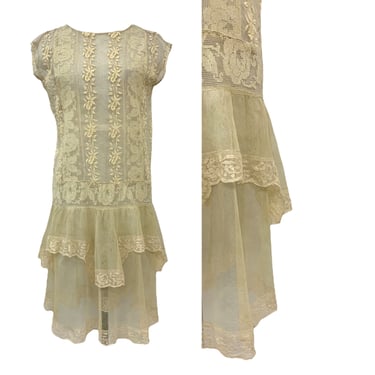 Vtg Vintage Antique 1920s 20s Authentic Rare Sheer Cream Lace Flapper Day Dress 