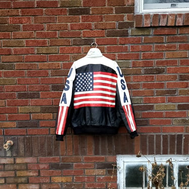 Vintage 1980's 1990's Michael Hoban USA Flag Graphic Leather Bomber Motorcycle Jacket/ XL 