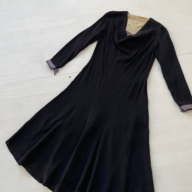 1940s Black Rhinestone Dress with Draped Neckline 