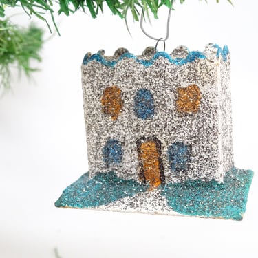 Antique 1950's Christmas Ornament, Glittered Cardboard House, Vintage Holiday Decor MCM 