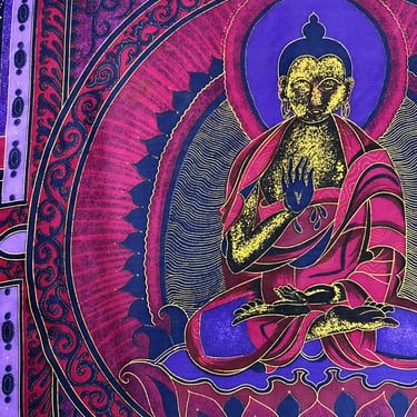 Hand rolled 100% silk gold Buddha scarf shawl extra large square purple cool tones novelty print 90’s y2k wall art decorative 