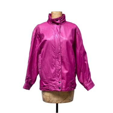 Vintage 1980s Magenta Bagatelle Leather Jacket, 80s Oversized New Wave Raspberry Batwing Bomber Jacket, Medium-Large 