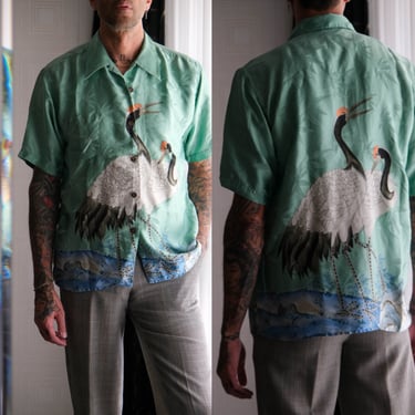 Vintage 50s Style AVANTI Hawaiian Seafoam Green Japanese Crane Print Shirt | 100% Silk | Y2K AVANTI Designer Loop Collar Mens Silk Shirt 