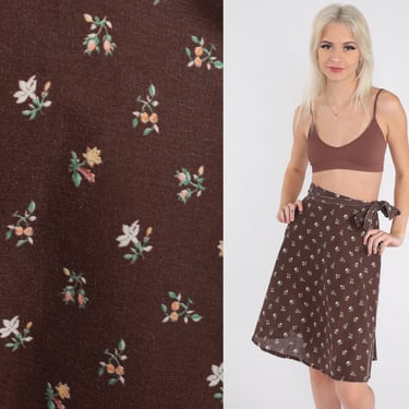 Hippie Wrap Skirt 70s Brown FLORAL Print Mini Skirt 1970s Boho Skirt Cotton Bohemian High Waist Vintage Small Medium xs 