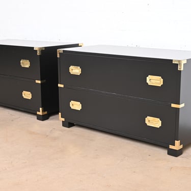 Michael Taylor for Baker Furniture Hollywood Regency Black Lacquered Campaign Commodes or Bedside Chests, Newly Refinished