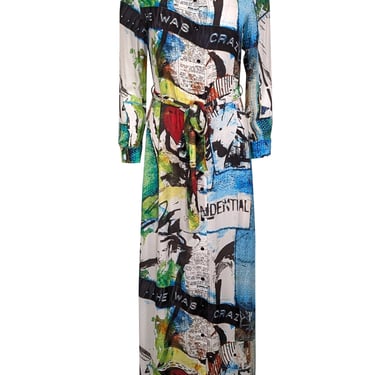 Alice & Olivia - White, Blue, Green, & Black Print Button Front Maxi Dress Sz S