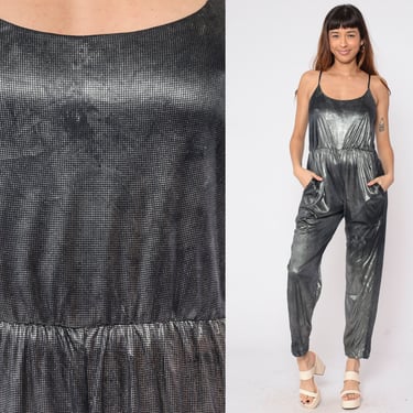 Metallic Silver Jumpsuit 80s Tapered Pantsuit Spaghetti Strap Romper Pants Disco Party Retro Going Out Eighties Vintage 1980s Small S 