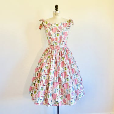 1950's Pink White Cotton Novelty Print Fit and Flare Dress Tie Shoulders Full Skirt Rockabilly 50's Spring Summer Reproduction 32