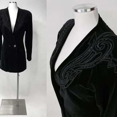 1980s Black Velvet Blazer w Beads & Embroidery on Shoulder Pads by Escada M | Vintage, Elegant, Costume, Witch, Ring Leader, Circus, Retro 