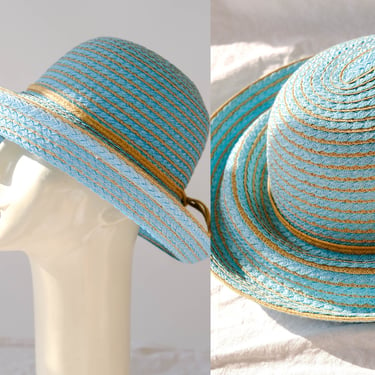 Vintage 90s Eric Javits Baby Blue & Tan Straw Floppy Brim Sun Hat w/ Natural Jute Band | Water Repellent, Packable | 1990s Designer Sun Hat 
