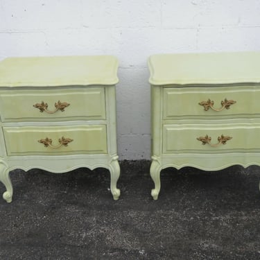 French Shabby Chic Painted Distressed Green Pair Nightstands Side Tables 2644