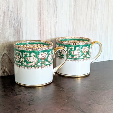 Crown Staffordshire Coffee Cup Pair, Ellesmere Pattern in Green, 2pc Set 