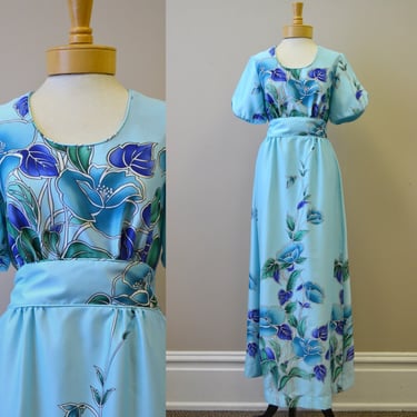 1960s Hilo Hattie's Blue Floral Hawaiian Maxi Dress 