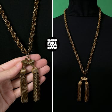Chic Vintage 60s 70s Dark Gold Long Necklace with Tassels 