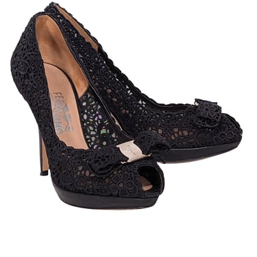 Ferragamo - Black Eyelet Lace Peep Toe Pumps Sz 8.5