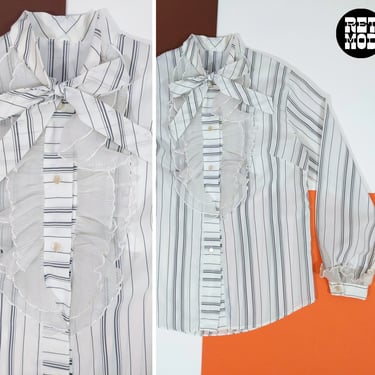 So Lovely Vintage 70s White &amp; Gray Stripe Long Sleeve Blouse with Ruffle Bib Front 