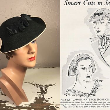 It Was a Rare Moment - Vintage 1930s Ivory Beige & Black Straw Pancake Side Slouch Hat 
