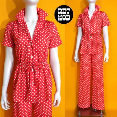 NWOT Fantastic Vintage 70s Red White Polka Dot Two-Piece Tunic & Pants Set 