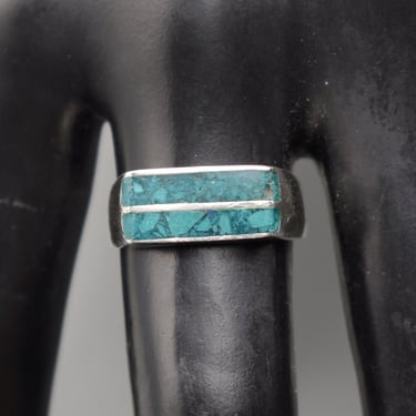 70's 925AF crushed turquoise size 7.75 stacking ring, minimalist sterling silver blue green stone inlay rectangle ring 