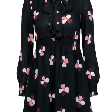 Kate Spade - Black Long Sleeve Neck Tie Dress w/ Floral Print Sz XXS