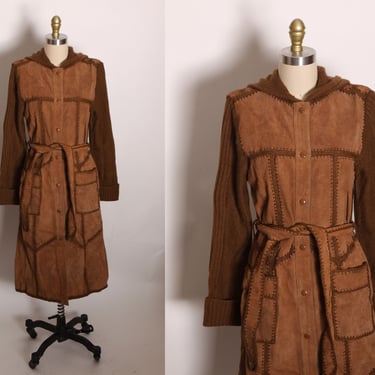 1970s Brown Knit and Suede Leather Pocketed Hip Length Fall Hooded Jacket -M 