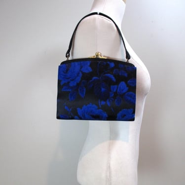 Black Satin Fabric Purse w/ Blue Velvet Roses Vintage Top Handle Evening Bag w/ Rhinestone Clasp Closure Special Occasion Handbag by Mel-Ton 