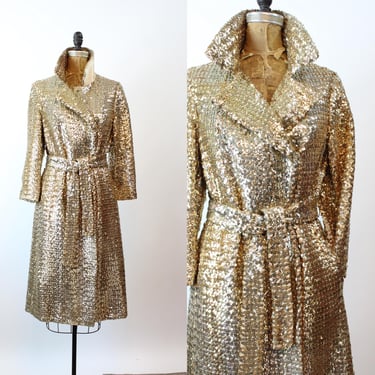 1960s GOLD SEQUIN dress trench COAT small | new fall winter 