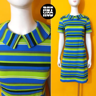 Iconic Vintage 60s 70s Blue & Lime Green Stripe Short Sleeve Collared Mod Dress 