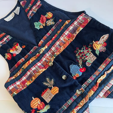 Vintage 90s Blue Cotton Fall Harvest Pumpkin Fruit Forage Button Front Vest - M 