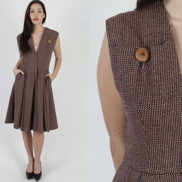 50s Tweed Pinafore Full Skirt Dress, Vintage Mid Century Plaid House Outfit, Fifties Wear To Work Dress With Pockets - M L 