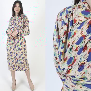 Authentic Chanel Silk Dress, Vintage 80s Designer, Belted Coco Print Midi, Tag Size 42 