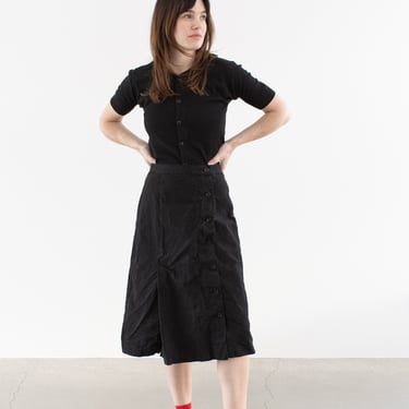 Vintage 23 24 25 26 27 28 29 30 Waist Black Cotton Canvas Off Center Button Front Skirt | XXS XS S M 