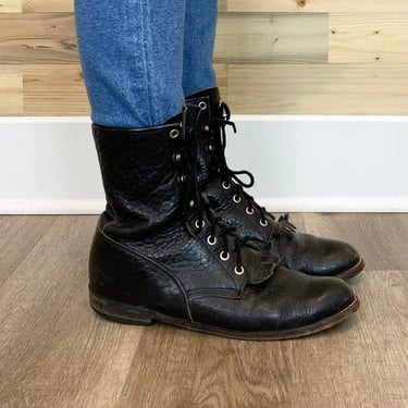 Justin Lace Up Vintage Textured Black Leather Boots 