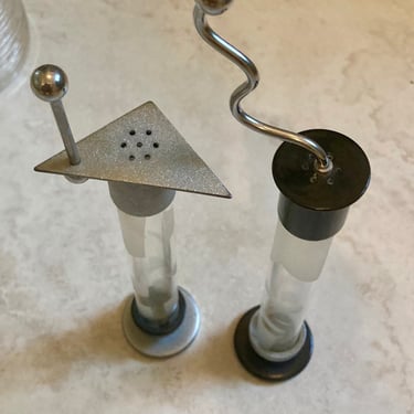 Sale~ Bruce Macdonald BRM Salt Pepper Shaker Metal Silver Art~ Modern Kitchen utensils ~ Contemporary Table decor ~ Acid Etched Glass Tubes 