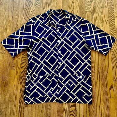 1950s Navy Blue And White Geometric Bamboo Print Cabana Shirt Large 