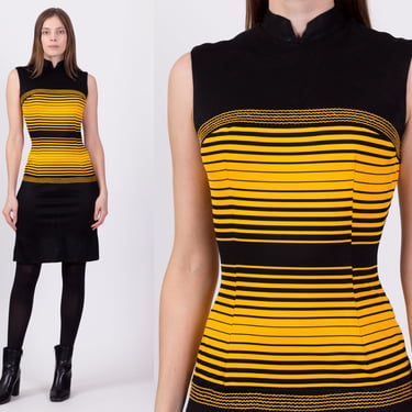60s Black & Yellow Striped Mod Midi Dress - Extra Small | Vintage Sleeveless Fitted Nehru Collar Op Art Bumblebee Dress 