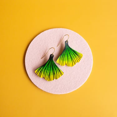 Gingko Leaf Earrings - Changing Season Green to Yellow Earrings - in Reclaimed Leather 