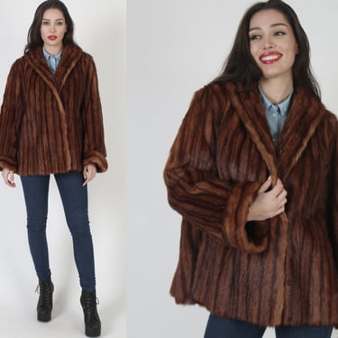 50s Mid Century Red Mink Coat, Vintage Natural Striped Opera Jacket, Winter Evening Stroller Fur Overcoat XL 